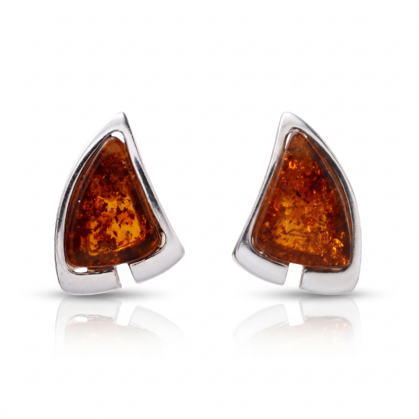 Pair of “Hailee” Baltic Honey Amber Stud Earrings in Sterling Silver on a white background.