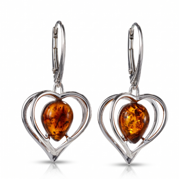 Pair of “Hearts” Baltic Honey Amber Drop Earrings in Sterling Silver on a white background.