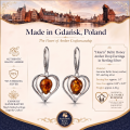 1. Infographic featuring the “Hearts” Baltic Honey Amber Drop Earrings in Sterling Silver.