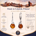 1. Infographic featuring the “Melanie” Baltic Honey Amber Round Drop Earrings in Sterling Silver.