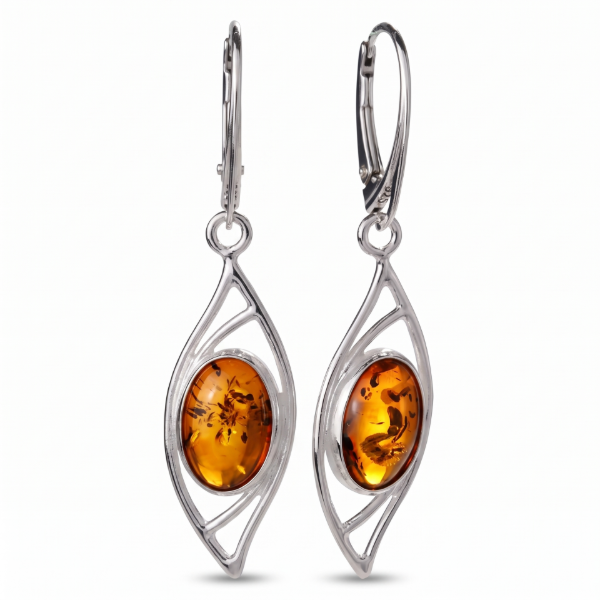 Pair of “Autumn” Baltic Honey Amber Drop Earrings in Sterling Silver on a white background.
