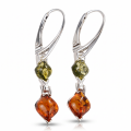Pair of Baltic Honey Amber Drop Earrings in Sterling Silver on a white background.