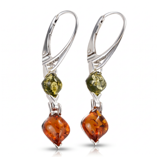 Pair of Baltic Honey Amber Drop Earrings in Sterling Silver on a white background.