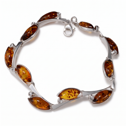 “Blossom” Baltic Honey Amber Bracelet in Sterling Silver on a white background.