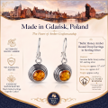 1. Infographic featuring Baltic Honey Amber Round Drop Earrings in Sterling Silver.