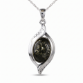 “Freya” Baltic Green Amber Pendant in Sterling Silver on a white background.