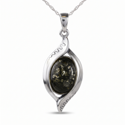 “Freya” Baltic Green Amber Pendant in Sterling Silver on a white background.