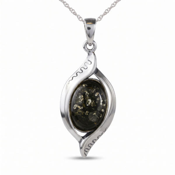 “Freya” Baltic Green Amber Pendant in Sterling Silver on a white background.