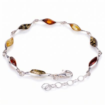 “Alexa” Multicolor Baltic Amber Bracelet in Sterling Silver on a white background.