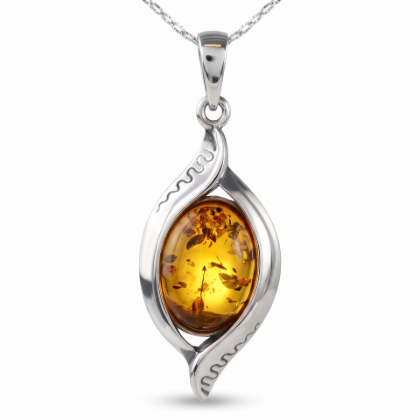 “Freya” Baltic Honey Amber Pendant in Sterling Silver on a white background.