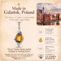 1. Infographic featuring the “Freya” Baltic Honey Amber Pendant in Sterling Silver.