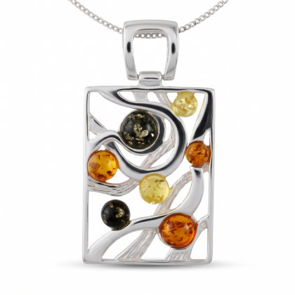 Multicolor Baltic Amber Rectangle Pendant in Sterling Silver on a white background.