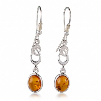 Pair of “Amalie” Baltic Honey Amber Drop Earrings in Sterling Silver on a white background.
