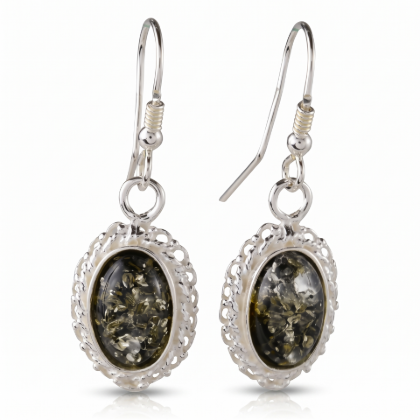 Pair of “Cecilie” Baltic Green Amber Drop Earrings in Sterling Silver on a white background.