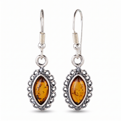 Pair of “Alvina” Baltic Honey Amber Drop Earrings in Sterling Silver on a white background.