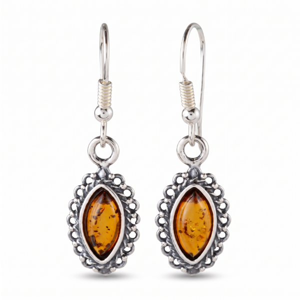 Pair of “Alvina” Baltic Honey Amber Drop Earrings in Sterling Silver on a white background.