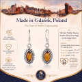 1. Infographic featuring the “Alvina” Baltic Honey Amber Drop Earrings in Sterling Silver.
