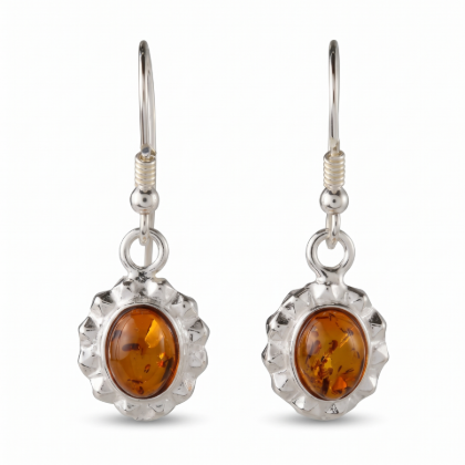 Pair of “Linda” Baltic Honey Amber Earrings in Sterling Silver on a white background.