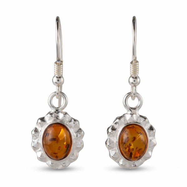 Pair of “Linda” Baltic Honey Amber Earrings in Sterling Silver on a white background.