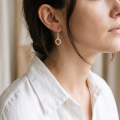 Close-up of a model wearing a “Linda” Baltic Honey Amber Earring.