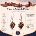 1. “Meryl” Baltic Honey Amber Earrings in Sterling Silver infographic showing the pair, materials, approximate dimensions, and craftsmanship details.