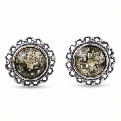 Pair of “Anika” Baltic Green Amber Stud Earrings in Sterling Silver on a white background.