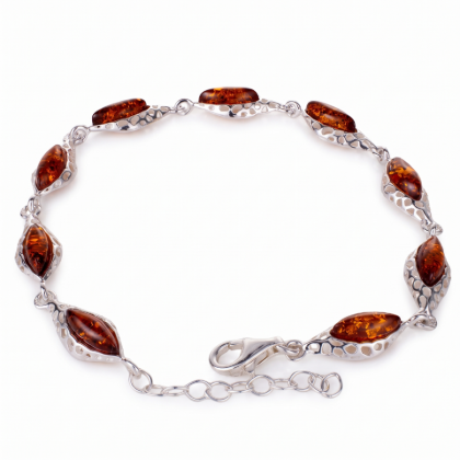 “Amaya” Baltic Honey Amber Bracelet in Sterling Silver displayed on a white background.