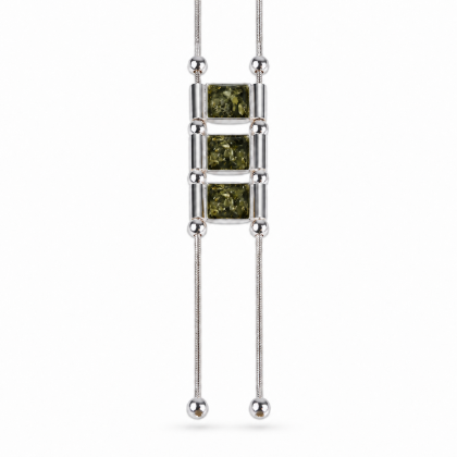 Baltic Green Amber Necklace in Sterling Silver displayed on a white background.