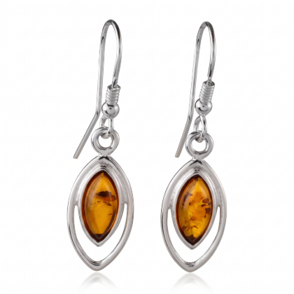 Pair of “Patricia” Baltic Honey Amber Earrings in Sterling Silver displayed on a white background.