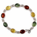 “Ivana” Multicolor Baltic Amber Bracelet in Sterling Silver displayed on a white background.