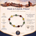 1. “Ivana” Multicolor Baltic Amber Bracelet in Sterling Silver infographic showing the bracelet, materials, and product details.