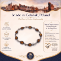 1. “Bajena” Baltic Honey Amber Bracelet in Sterling Silver infographic showing the bracelet, materials, and product details.
