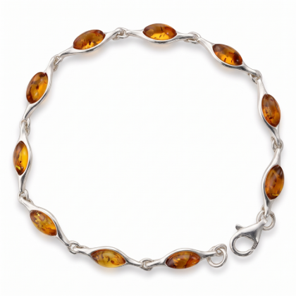 GIA Certified Baltic Honey Amber Bracelet in Sterling Silver displayed on a white background.