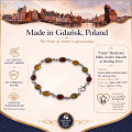 1. “Daisy” Multicolor Baltic Amber Bracelet in Sterling Silver infographic showing the bracelet, materials, and product details.