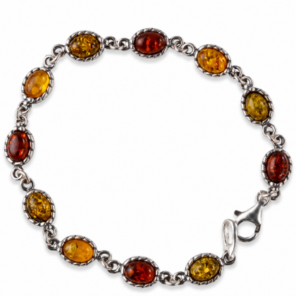 “Daisy” Multicolor Baltic Amber Bracelet in Sterling Silver displayed on a white background.