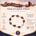 1. “Adele” Baltic Honey Amber Bracelet in Sterling Silver infographic showing the bracelet, materials, and product details.