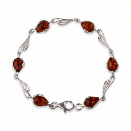 “Tulip” Baltic Honey Amber Bracelet in Sterling Silver displayed on a white background.