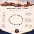 1. “Aster” Multicolor Baltic Amber Bracelet in Sterling Silver infographic showing the bracelet, materials, and product details.