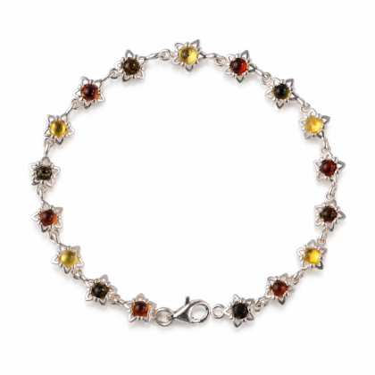 “Aster” Multicolor Baltic Amber Bracelet in Sterling Silver displayed on a white background.
