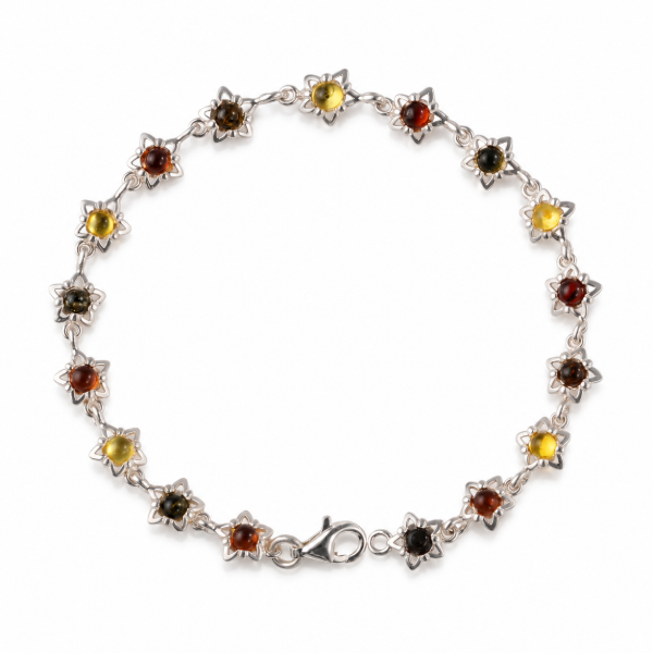 “Aster” Multicolor Baltic Amber Bracelet in Sterling Silver displayed on a white background.