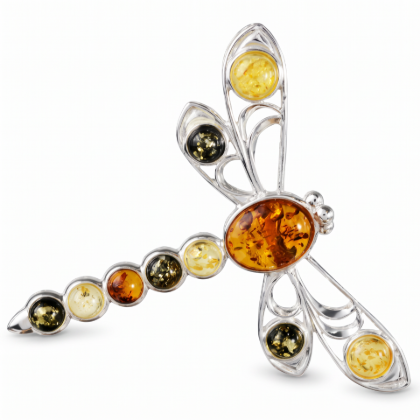 Baltic Amber Dragonfly Brooch in Sterling Silver displayed on a white background.