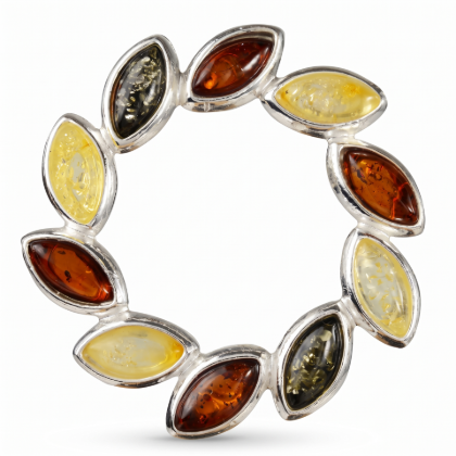 “Carrie” Multicolor Baltic Amber Brooch in Sterling Silver displayed on a white background.
