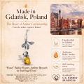 1. “Rose” Baltic Amber Brooch in Sterling Silver infographic showing the brooch, materials, and product details.