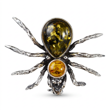 Baltic Amber Spider Brooch in Sterling Silver displayed on a white background.