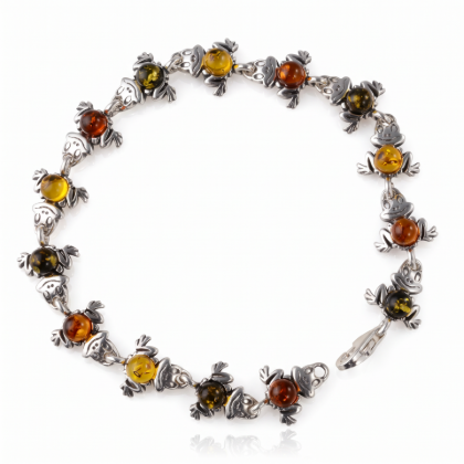 “Frogs” Multicolor Baltic Amber Bracelet in Sterling Silver displayed on a white background.