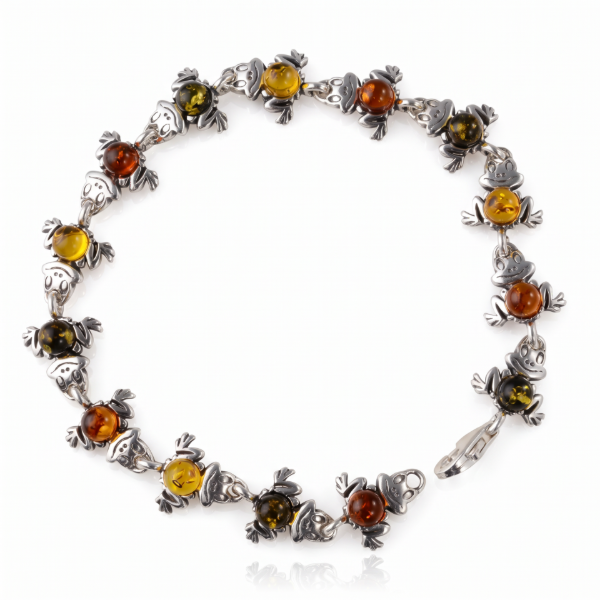 “Frogs” Multicolor Baltic Amber Bracelet in Sterling Silver displayed on a white background.