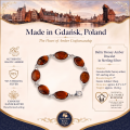 1. Baltic Honey Amber Bracelet in Sterling Silver infographic showing the bracelet, materials, and product details.