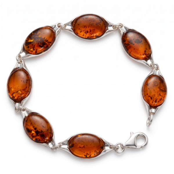 Baltic Honey Amber Bracelet in Sterling Silver displayed on a white background.