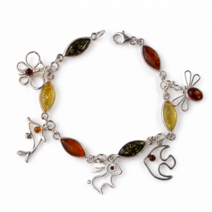 “Dazzling” Multicolor Baltic Amber Bracelet in Sterling Silver displayed on a white background.