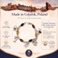 1. “Dazzling” Multicolor Baltic Amber Bracelet in Sterling Silver infographic showing the bracelet, materials, and product details.
